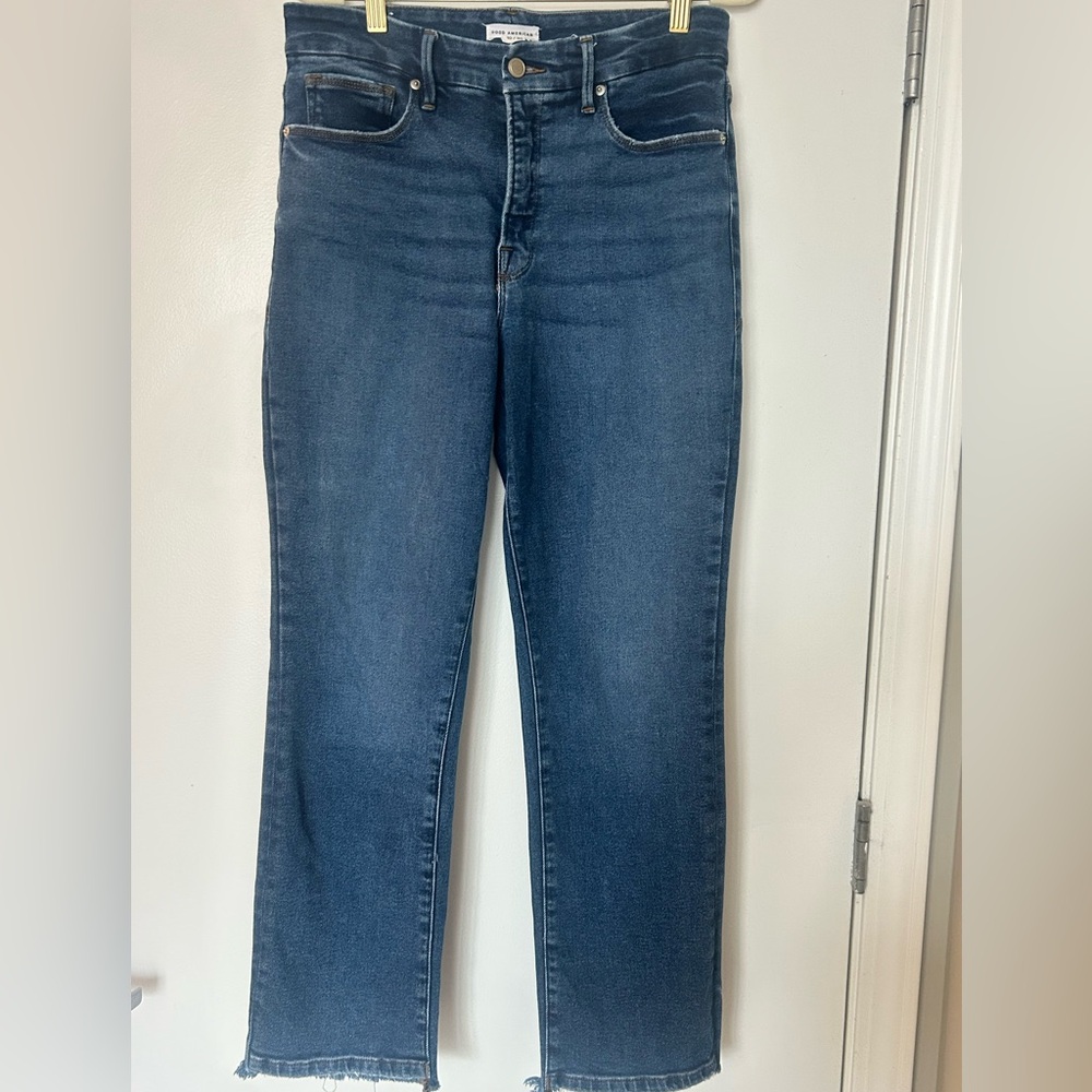 Good American Good Legs High Rise Straight Ankle Jeans Step Hem Indigo 394 Sz 10